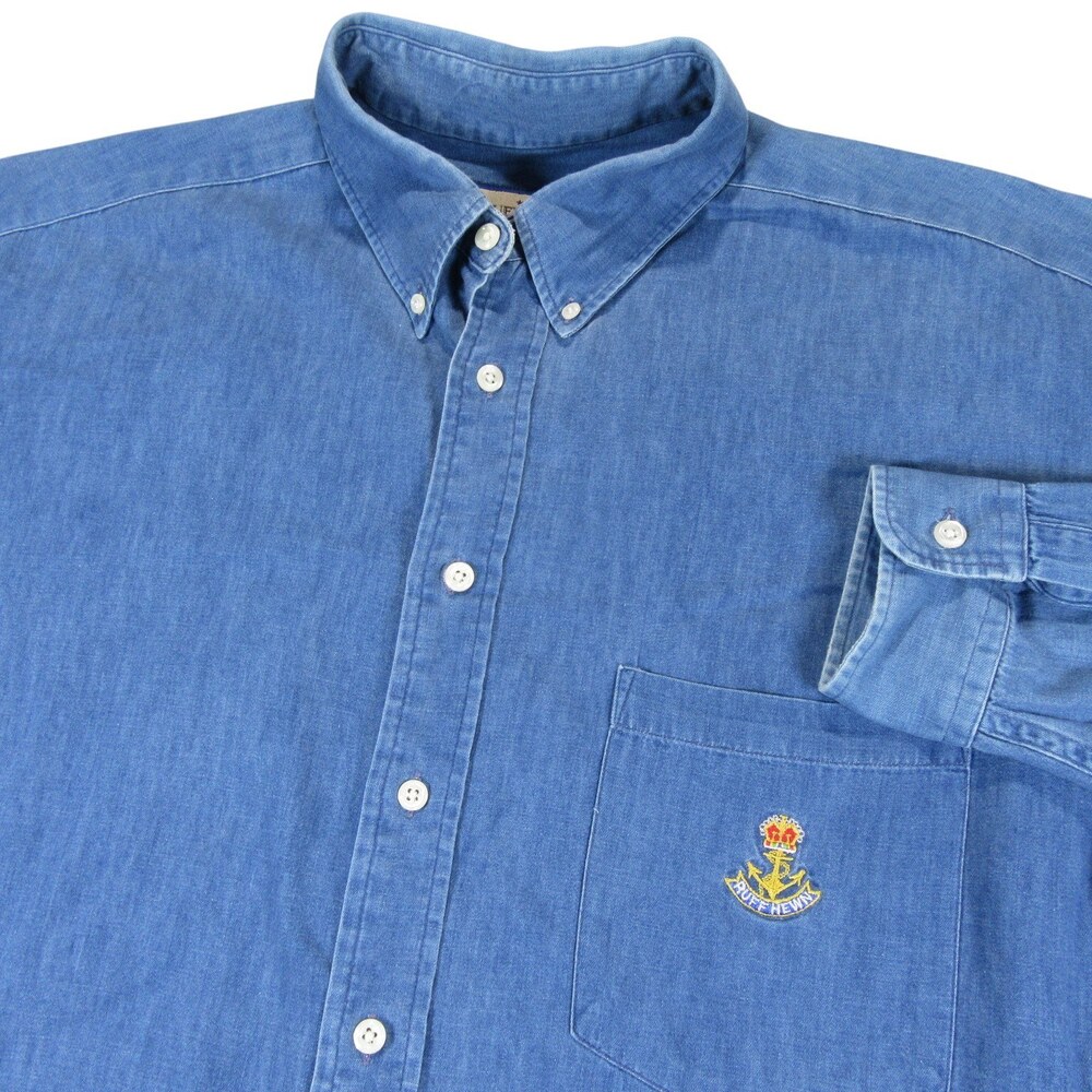 Ruff Hewn Mens Denim Shirt XL‎ Blue Button Down Crest Vintage 90s 100% Cotton